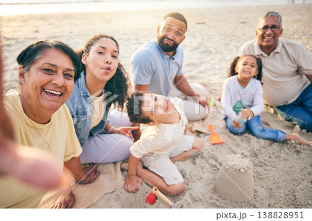 Selfie, beach sand and family portrait with children and grandparents for holiday, Mexico vacation and games. Play, castle and happy grandmother photography of mom, dad and children outdoor by ocean 138828951