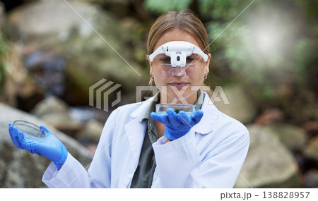 Science, analysis and woman with petri dish in woods, studying growth of trees and sustainable plants in nature. Ecology, safety and research in biology, scientist with glasses and forest inspection. 138828957