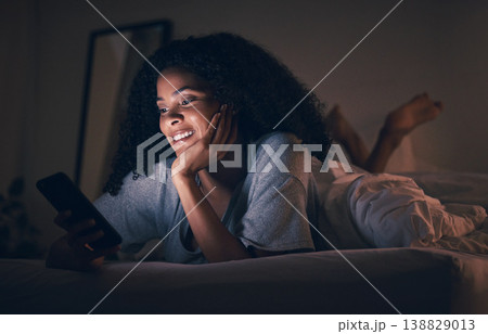 Insomnia, happy and phone with woman in bedroom for social media app, night and networking. Communication, contact and internet with female person in bed at home for mobile, online and technology 138829013