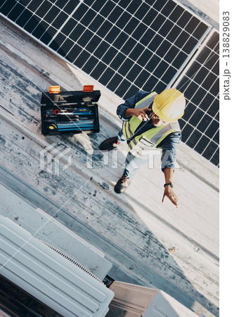Phone call, air conditioner and maintenance person pointing HVAC machine, heat pump or roof inspection of aircon. Electrician top view, cellphone and rooftop technician talk about AC repair service Phone call, air conditioner and maintenance person pointing HVAC machine, heat pump or roof inspection of aircon. Electrician top view, cellphone and rooftop technician talk about AC repair service 138829083