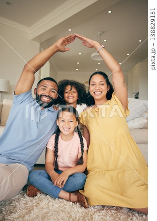 Security, portrait and happy family home with roof hands for safety, real estate investment and property insurance. Bonding, mortgage or relax mother, father and children smile for homeowner house Security, portrait and happy family home with roof hands for safety, real estate investment and property insurance. Bonding, mortgage or relax mother, father and children smile for homeowner house 138829181