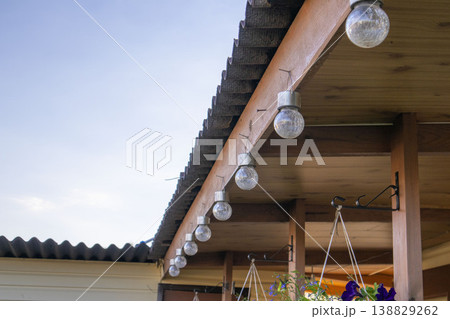 Decorative outdoor string lights hanging from wooden eaves of a patio, with a clear sky and colorful flowers visible in the foreground 138829262