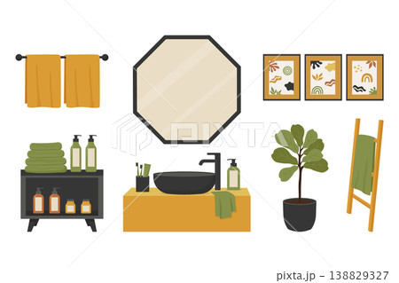 Modern bathroom interior furniture and spa accessories set vector illustration. 138829327