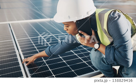 Phone call, solar panel and black woman maintenance conversation about photovoltaic plate, sustainability or inspection. Renewable energy, smartphone chat and female engineer check electricity cell Phone call, solar panel and black woman maintenance conversation about photovoltaic plate, sustainability or inspection. Renewable energy, smartphone chat and female engineer check electricity cell 138829416