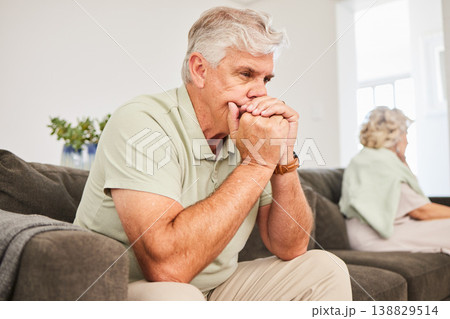 Man, sad and thinking in fight, divorce and stress of breakup, depression and mistake on sofa. Frustrated senior couple in conflict, crisis and problem of drama, anxiety and marriage failure at home Man, sad and thinking in fight, divorce and stress of breakup, depression and mistake on sofa. Frustrated senior couple in conflict, crisis and problem of drama, anxiety and marriage failure at home 138829514