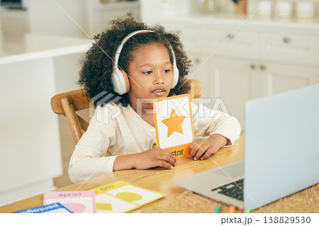 Shape, video call or child with laptop for education, remote learning or knowledge in online class at home. Girl, kid or young kindergarten student ready for elearning assessment test or studying 138829530