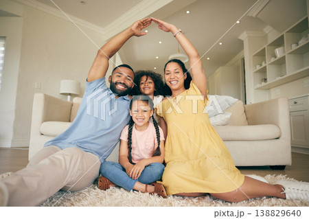 Roof hands, home family portrait and smile for safety security, real estate investment and house insurance cover. Love, mortgage and relax mom, dad and kids happiness for homeowner housing protection 138829640