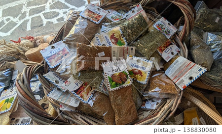 Basket full of dried herbs and spices in a gourmet shop Basket full of dried herbs and spices in a gourmet shop 138830080