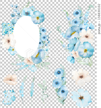 Watercolor frame and bouquet clipart with light blue flowers, botanical wedding stationery illustration Watercolor frame and bouquet clipart with light blue flowers, botanical wedding stationery illustration 138830102