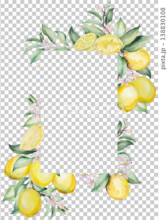 Watercolor frame with yellow lemon fruits and green leaves. Mediterranean wedding stationery Watercolor frame with yellow lemon fruits and green leaves. Mediterranean wedding stationery 138830108