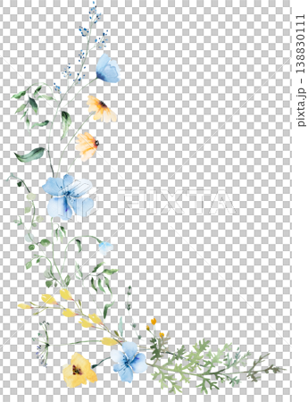 Watercolor bouquet with yellow and light blue wildflowers, isolated illustration for wedding stationery Watercolor bouquet with yellow and light blue wildflowers, isolated illustration for wedding stationery 138830111