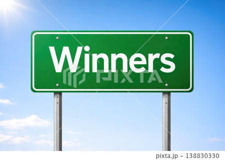 Green road sign with winners text isolated on blue sky background Green road sign with winners text isolated on blue sky background 138830330