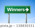Green winners direction sign with arrow pointing right on clear sky background 138830331