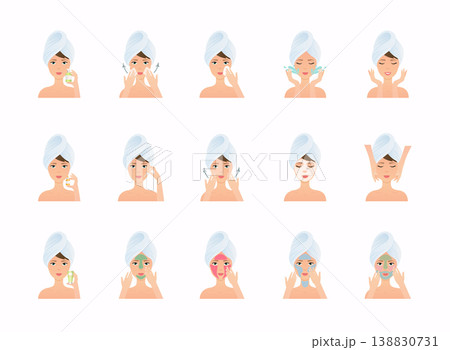 Big set of face care routine. Steps how to apply facial mask, cleaning, have a face mask and care face. Skincare vector. Big set of face care routine. Steps how to apply facial mask, cleaning, have a face mask and care face. Skincare vector. 138830731