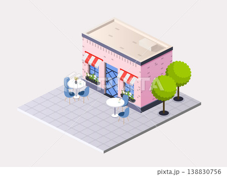 Vector isometric restaurant cafe with  outdoor tables. 138830756