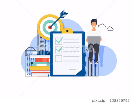 Businessman with a laptop checklist on a clipboard paper. Can use for web banner, infographics, hero images. Flat design modern vector illustration concept. Businessman with a laptop checklist on a clipboard paper. Can use for web banner, infographics, hero images. Flat design modern vector illustration concept. 138830795