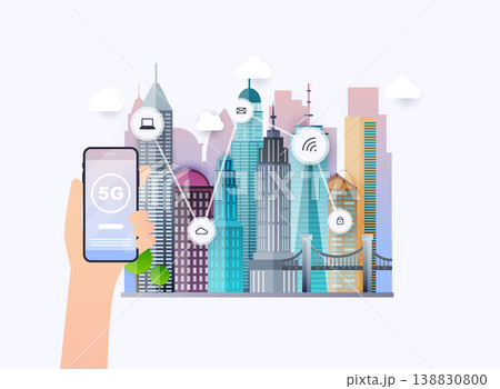 5G High speed internet network communication. Mobile smartphone with 5G icons. City on a background. 5G High speed internet network communication. Mobile smartphone with 5G icons. City on a background. 138830800