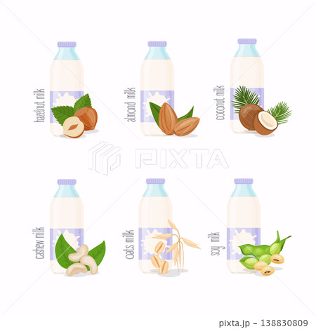Different variation of plant based milk. Nuts set: hazelnut, coconut, almond, soy bean, oat, cashew. Different variation of plant based milk. Nuts set: hazelnut, coconut, almond, soy bean, oat, cashew. 138830809