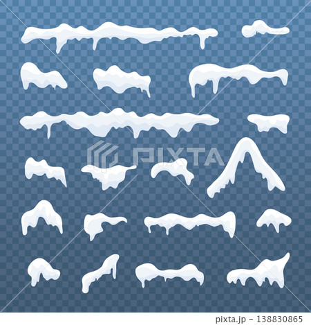 Snow caps, snowballs and snowdrifts set ob blue background. Winter decoration element. 138830865