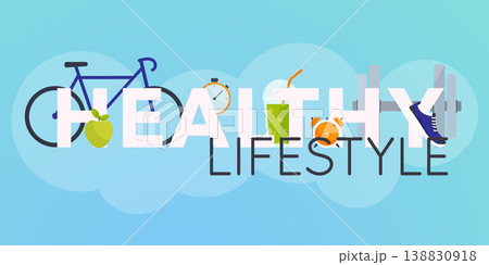 Concept of healthy lifestyle infographics. Icons for web: fitness, food and metrics. Flat design vector illustration. 138830918