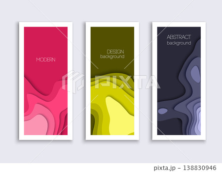 Set of 3 backgrounds with colorful paper cut shapes. 3D abstract paper art style, design layout for business presentation. Cover layout design template. Set of 3 backgrounds with colorful paper cut shapes. 3D abstract paper art style, design layout for business presentation. Cover layout design template. 138830946