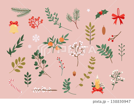 Vector collection of christmas decor elements for cards or posters. Flat design modern vector illustration concept. Vector collection of christmas decor elements for cards or posters. Flat design modern vector illustration concept. 138830947