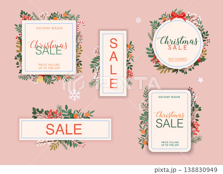 Christmas sale banner set. Discount season. Winter leafs on the background. Flat design modern vector illustration concept. Christmas sale banner set. Discount season. Winter leafs on the background. Flat design modern vector illustration concept. 138830949