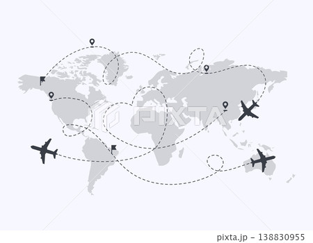 Set of planes path with location pins vector illustration. Map a background. Heart dashed line trace and plane routes. Set of planes path with location pins vector illustration. Map a background. Heart dashed line trace and plane routes. 138830955