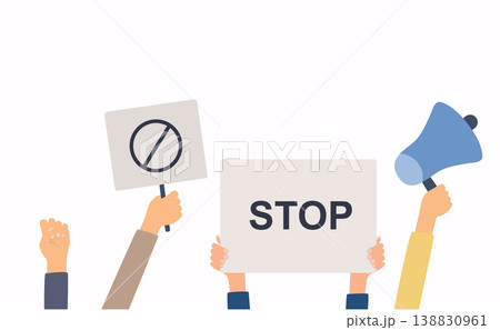 Hands with protests placards. Banner and placards on a protest demostration or picket. People against violence, pollution, descrimination, human rights violation. 138830961