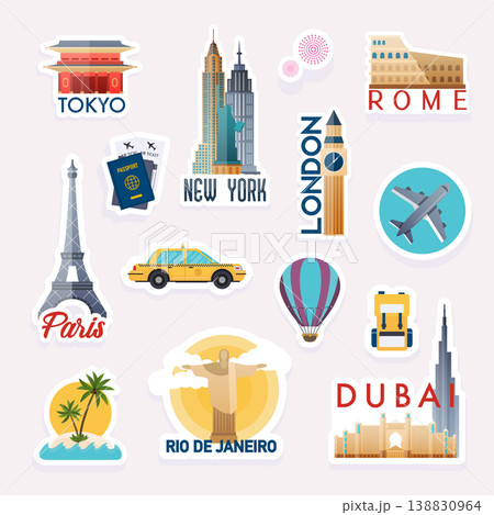 Set of vector travelling stickers. Stickers and elements set with landmarks of the world. 138830964