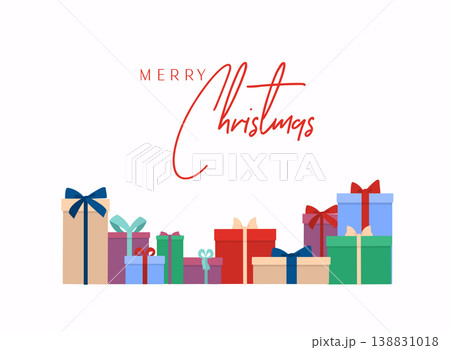 Merry Christmas vector text Calligraphic Lettering design card template. Gift boxes bunch. Isolated on white. 138831018