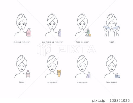 Face care routine. Girl Cleaning And Care Her Face With Various Actions Set. Skincare vector. Face care routine. Girl Cleaning And Care Her Face With Various Actions Set. Skincare vector. 138831026