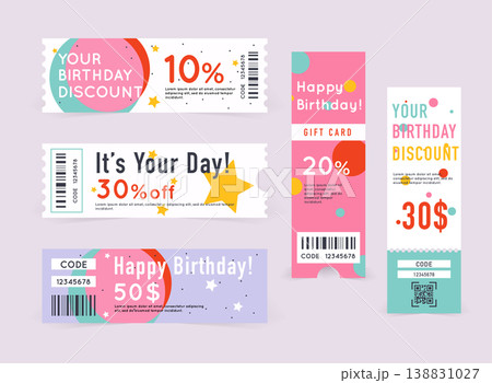Gift card with coupon code. happy Birthday coupon illustration. 138831027