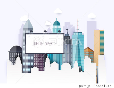 Billboard with copy space text standing high over large city street skyscrapers buildings. Flat design modern vector illustration concept. Billboard with copy space text standing high over large city street skyscrapers buildings. Flat design modern vector illustration concept. 138831037
