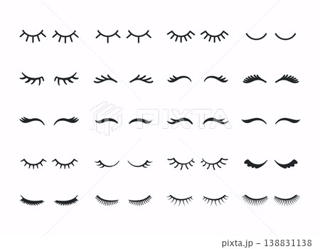 Vector  eyelashes. Mascara face makeup. Woman beauty Closed eyes. Different types of eyelash extensions. 138831138