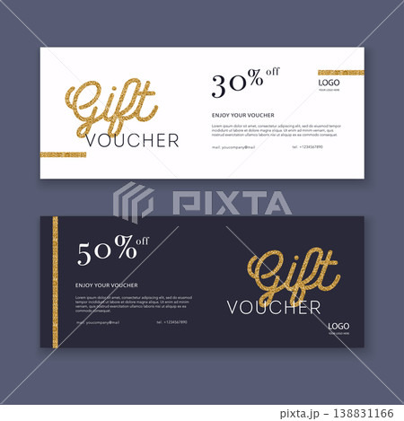 Voucher template with color gift box, certificate. Background design coupon, invitation, currency. Vector illustration. Voucher template with color gift box, certificate. Background design coupon, invitation, currency. Vector illustration. 138831166