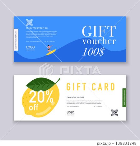 Voucher template with color gift box, certificate. Background design coupon, invitation, currency. Vector illustration. 138831249