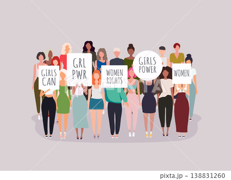 Women protesters. Vector illustration of people holding signs, banner and placards on a protest demostration or picket. 138831260