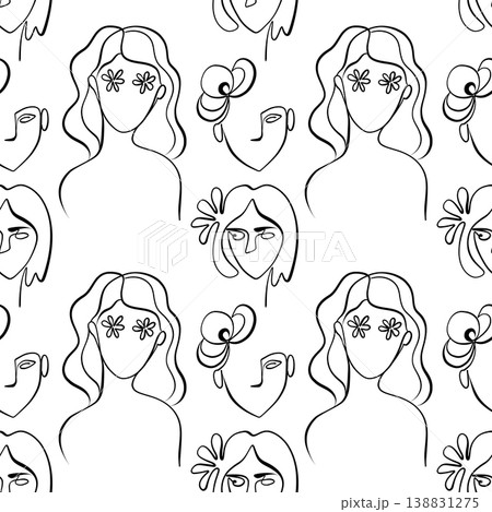 Seamless pattern. Outline drawing of abstract girls with flowers. Minimalistic Seamless pattern. Outline drawing of abstract girls with flowers. Minimalistic 138831275
