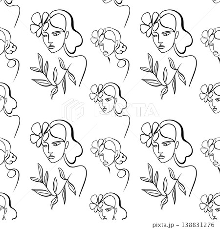 Seamless pattern. Outline drawing of abstract girls with flowers. Minimalistic Seamless pattern. Outline drawing of abstract girls with flowers. Minimalistic 138831276