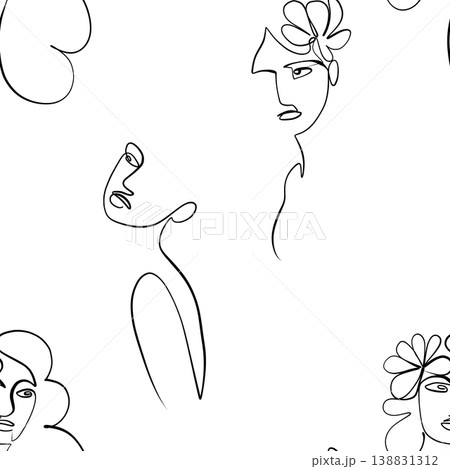 Seamless pattern. Outline drawing of abstract girls with flowers. Minimalistic Seamless pattern. Outline drawing of abstract girls with flowers. Minimalistic 138831312