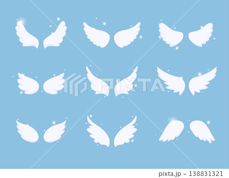 Set of hand drawn bird or angel wings with light effect. Different shape in open position. Set of hand drawn bird or angel wings with light effect. Different shape in open position. 138831321