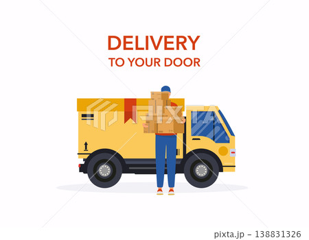 Delivery man and track. Flat design modern vector illustration concept. Delivery man and track. Flat design modern vector illustration concept. 138831326