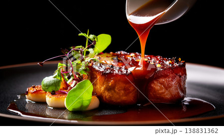 Gourmet dish with rich sauce being drizzled over a perfectly cooked piece of meat Gourmet dish with rich sauce being drizzled over a perfectly cooked piece of meat 138831362