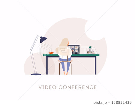 Woman talking to her colleagues in Teleconference. Outbreak display on screen. Woman talking to her colleagues in Teleconference. Outbreak display on screen. 138831439