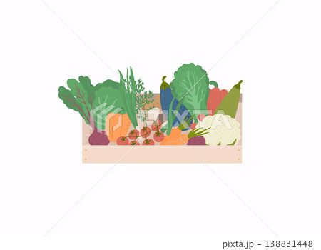 Basket with a seasonal harvest. Bright vector illustration of colorful vegetables. Basket with a seasonal harvest. Bright vector illustration of colorful vegetables. 138831448