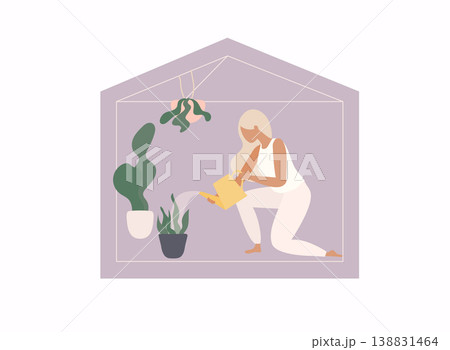 Stay home concept. Girl takes care for houseplants/watering a plant. Vector cartoon illustration. 138831464