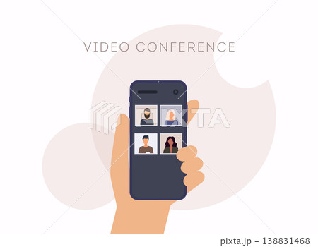 Teleconference web video conference. Call during coronavirus COVID-19 pandemic. Outbreak display on screen. 138831468
