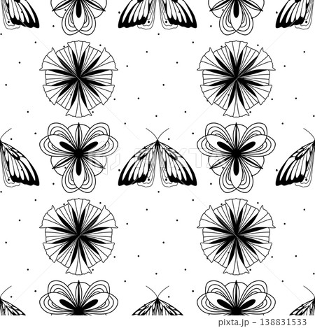 Seamless pattern. Outline images of butterflies and flowers. Minimalistic Seamless pattern. Outline images of butterflies and flowers. Minimalistic 138831533