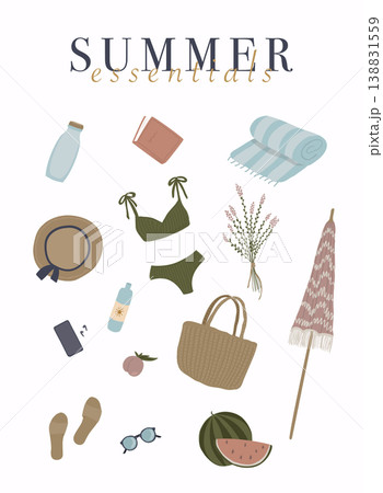 Summer essentials set for beach. Vector illustration. 138831559